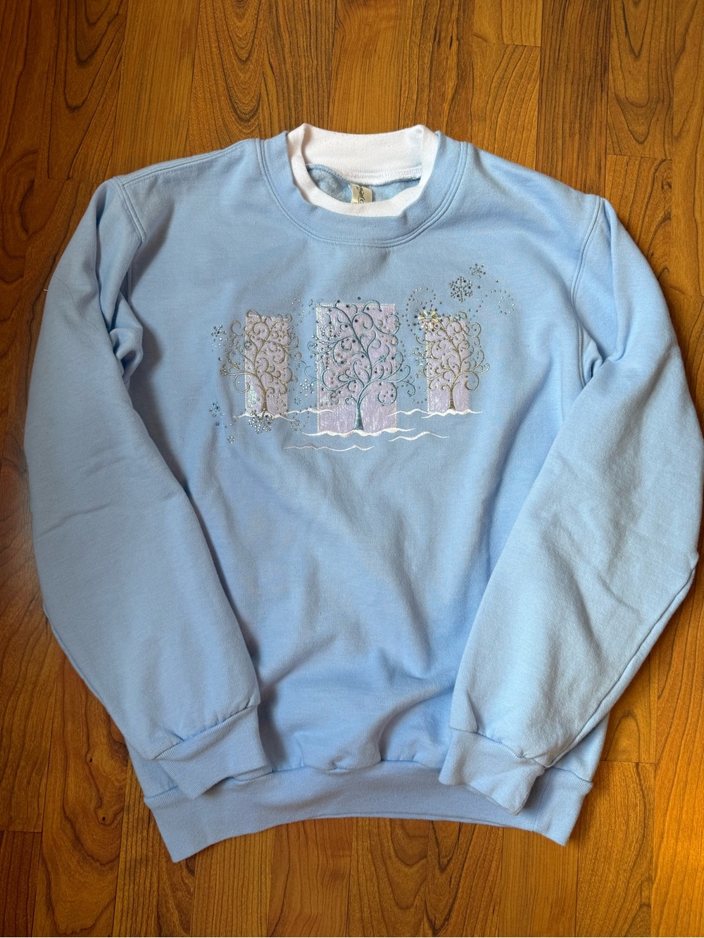 Light Blue Embroidered Sparkly Crewneck Sweater - Women XS